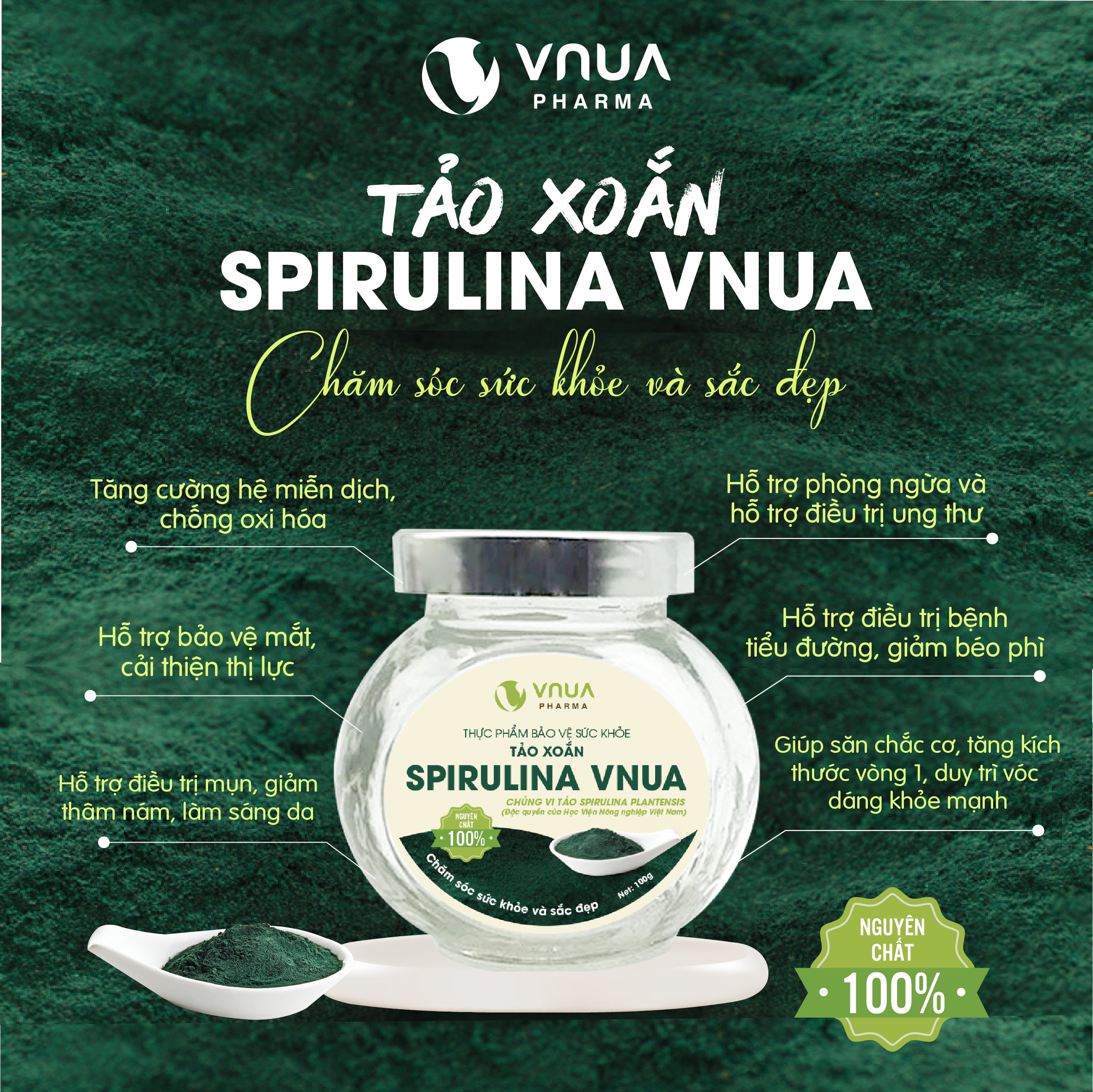 Tảo xoắn Spirulina VNUA nguyên chất dạng bột 100%