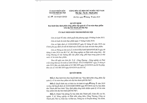 Quyết định số 14/2019/QĐ-UBND: Quy định phân công, phân cấp quản lý về ATTP trên địa bàn thành phố Hà Nội